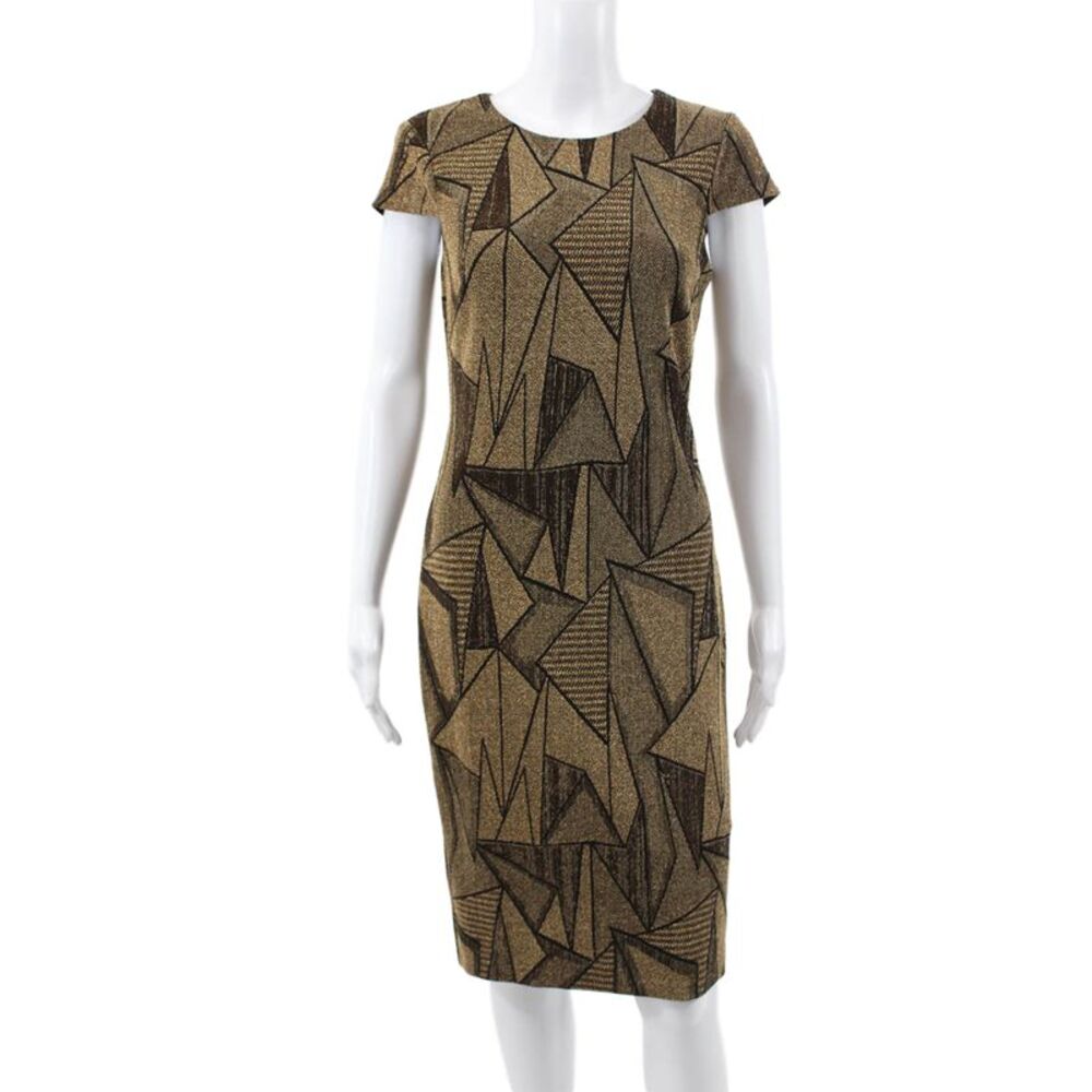 Vince Camuto Women Sheath Dress Gold Knee Length Zip Round Neck Size 6
